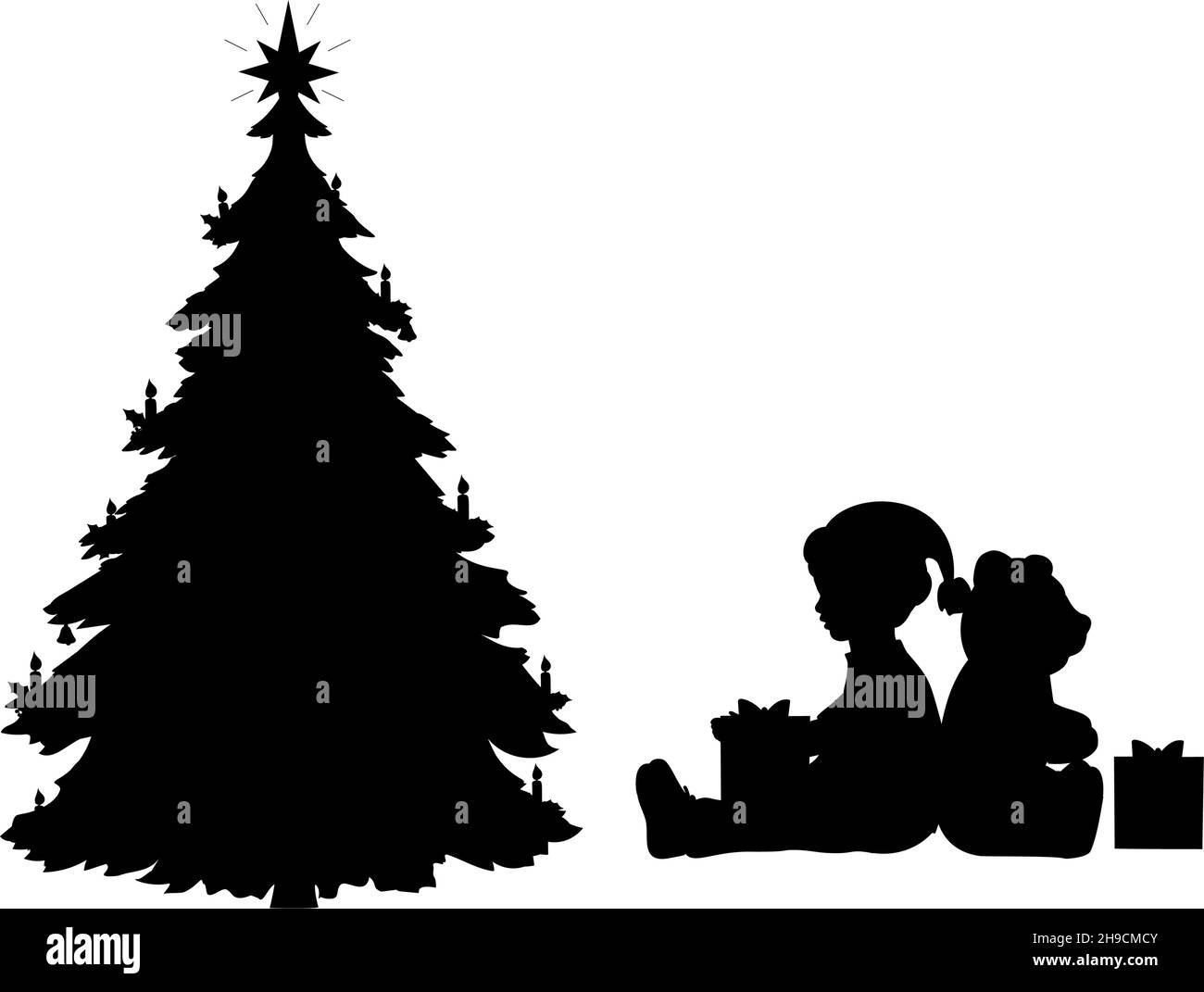 Silhouette di orsetto ragazzo e giocattolo con regali vicino all'albero di Natale. Illustrazione Vettoriale