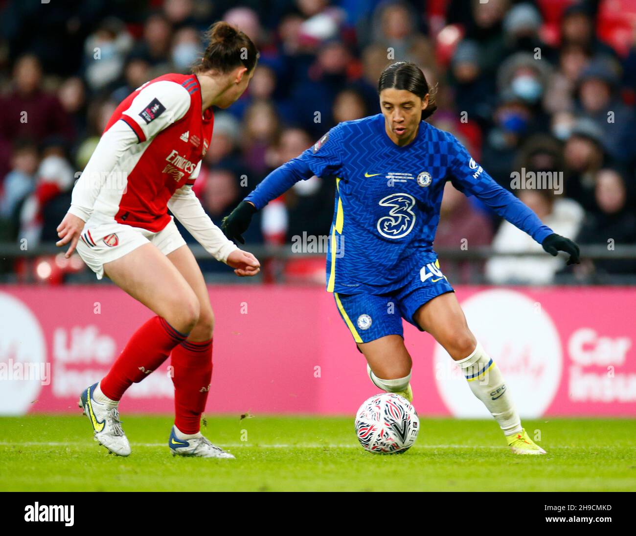 LONDRA, Inghilterra - DICEMBRE 05: Le donne del Chelsea Sam Kerr durante la finale di fa Cup delle donne del Vitality 2021 fra l'Arsenal e il Chelsea allo stadio di Wembley, Londra Foto Stock