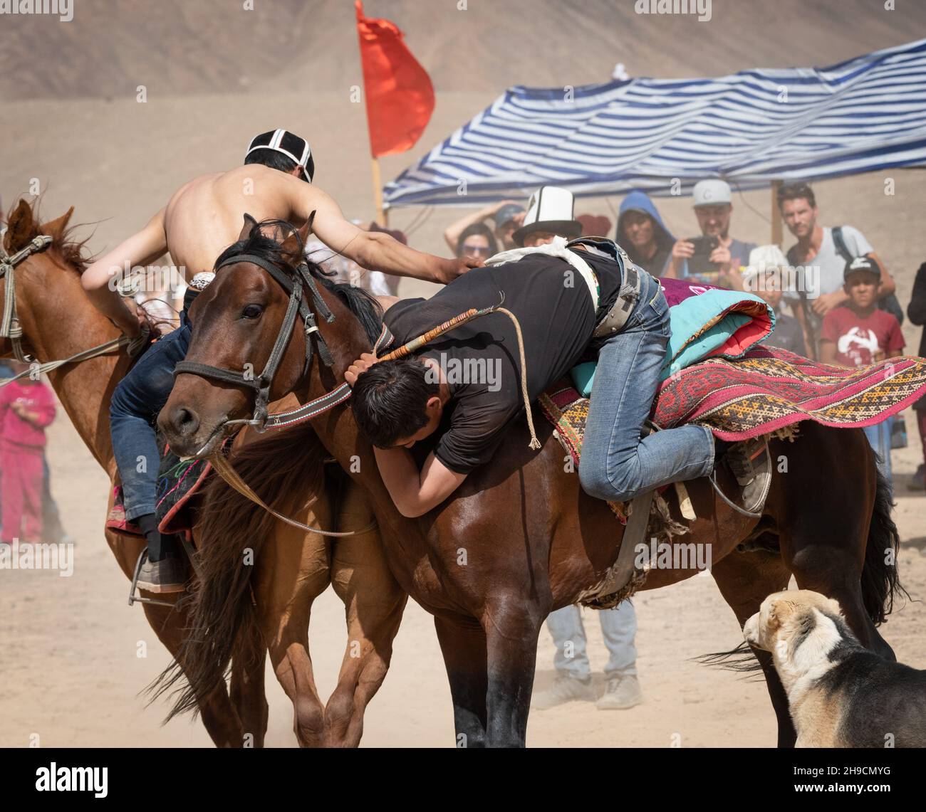 I cavalieri di Twop gareggiano nel 'er oodarish' o nel wrestling di cavalli al festival di Cavallo di Murghab, in Tagikistan, nell'agosto 2019 Foto Stock