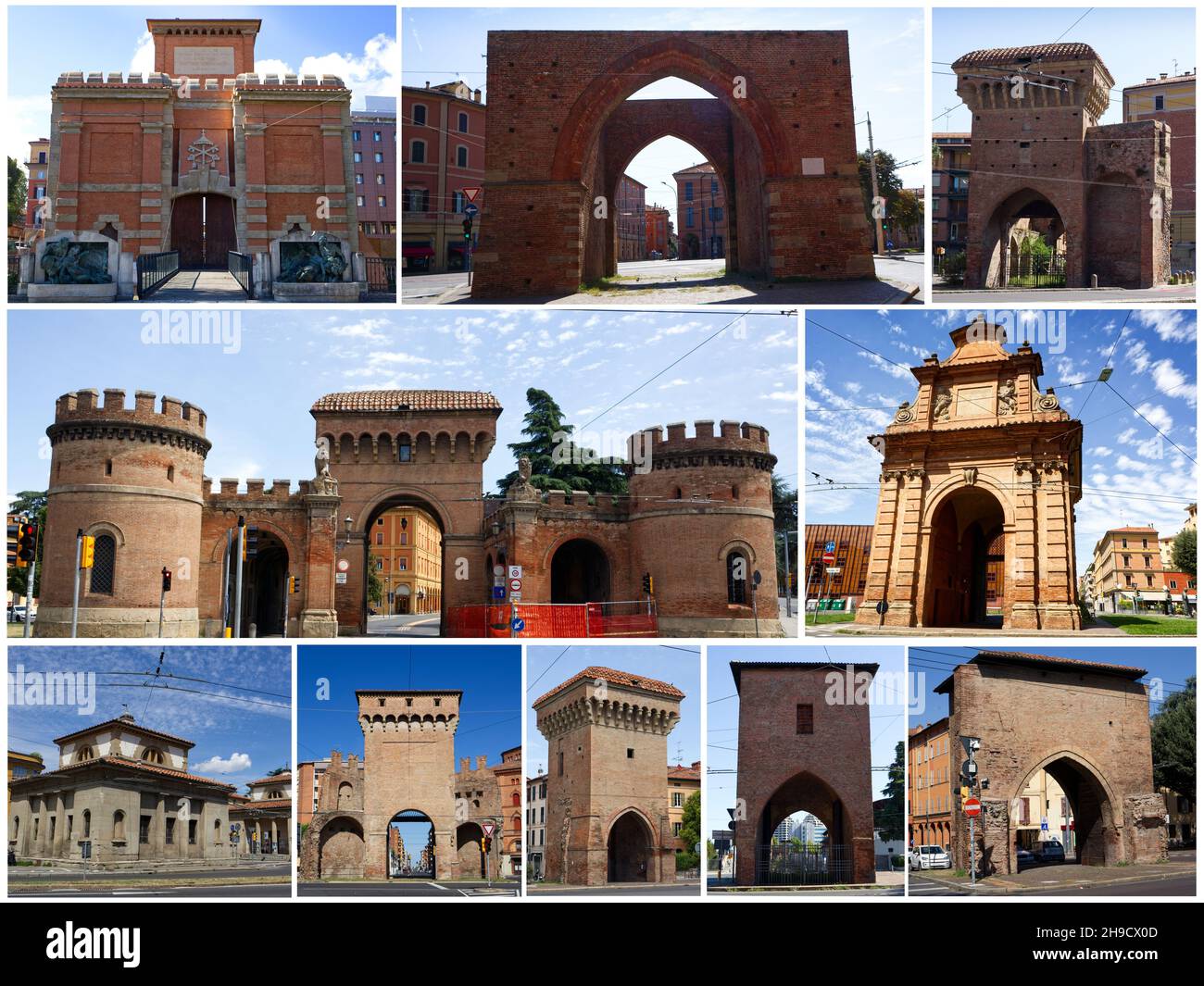 Collage delle porte della città vecchia di Bologna. Collage fotografico dei portali medievali di Bologna. Italia Foto Stock