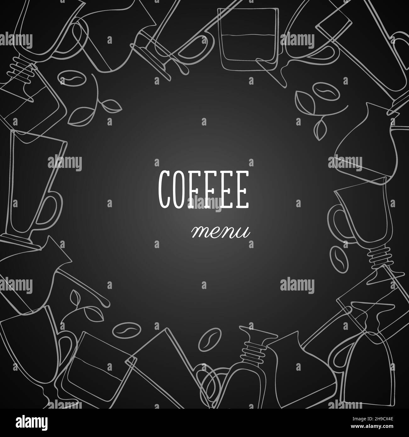 Menù del caffè bordo, banner, tazze tazze cappuccino bicchieri whiskey caffè macchina macinacaffè caffè fagioli, gesso bianco contorno doodle disegni. Illustrazione vettoriale Illustrazione Vettoriale