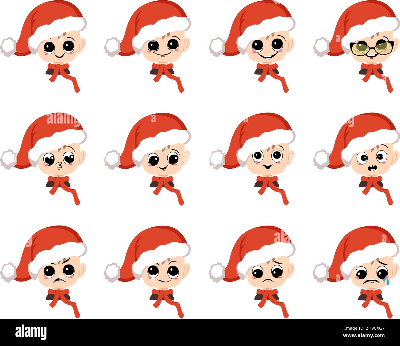 Ragazzo con occhi grandi ed emozioni diverse in rosso Santa Hat. Carino capretto con faccia gioiosa o triste in costume festivo per Capodanno e Natale. Capo di bambino adorabile Illustrazione Vettoriale