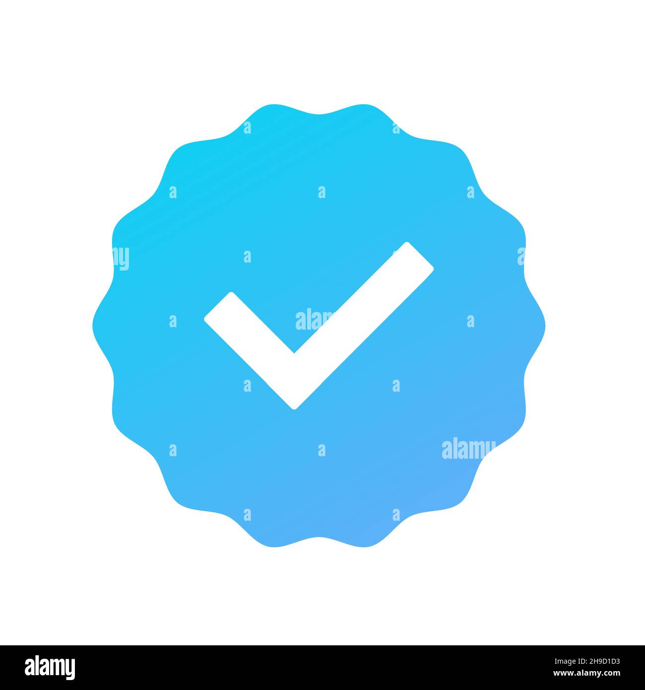Icona approvato. Segno di spunta bianco a forma di cerchio blu. Etichetta adesiva Sparkle Star isolata su sfondo bianco. Segno di spunta blu nel cerchio per Illustrazione Vettoriale