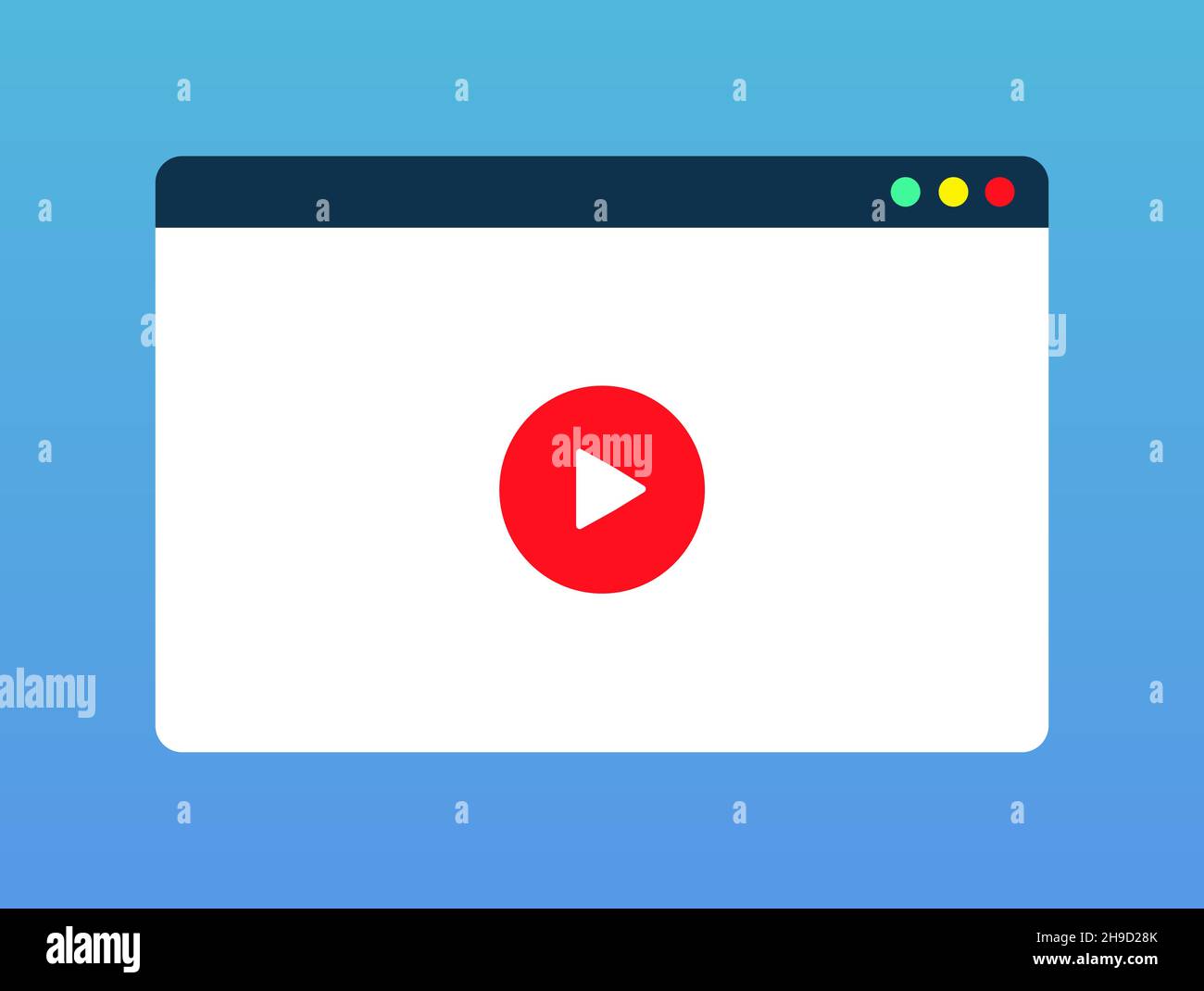 Computer moderno con browser e lettore video sullo schermo. Video online, guardare film, materiale didattico, concetti relativi ai corsi Web. Icona del pulsante di riproduzione Illustrazione Vettoriale