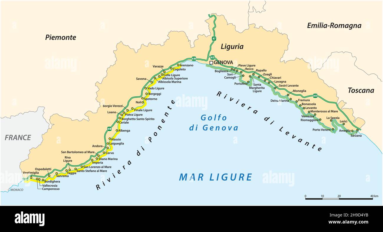 Mappa vettoriale delle città della Riviera Ligure Illustrazione Vettoriale