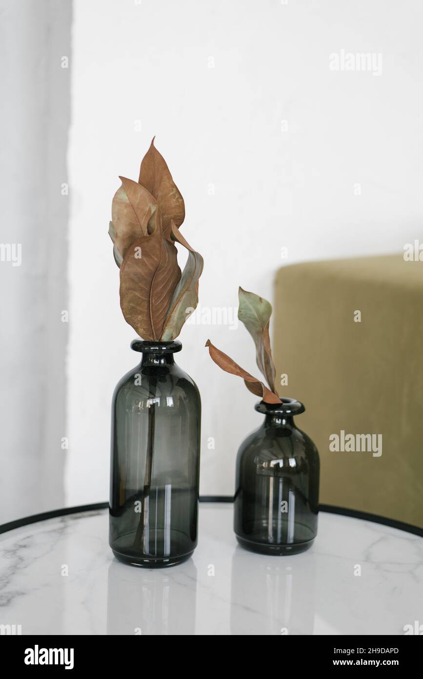 Foglie secche in vasi di vetro nero sono sul tavolo Foto Stock