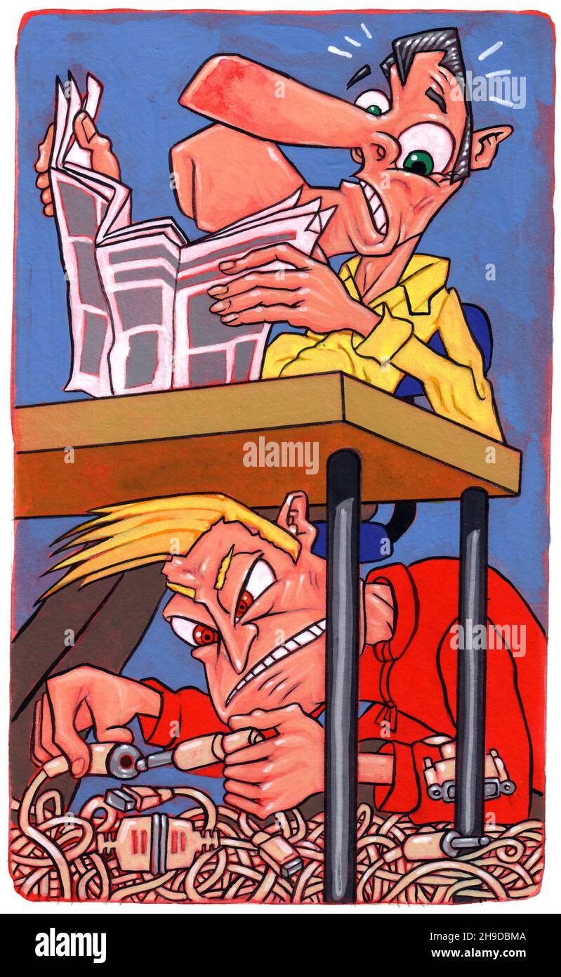 Illustrazione dell'arte cartone animato di un uomo seduto ad una scrivania mentre qualcuno tenta di risolvere il cavo confusione PROBLEMI IT, il lavoro a casa, il computing, fili Foto Stock