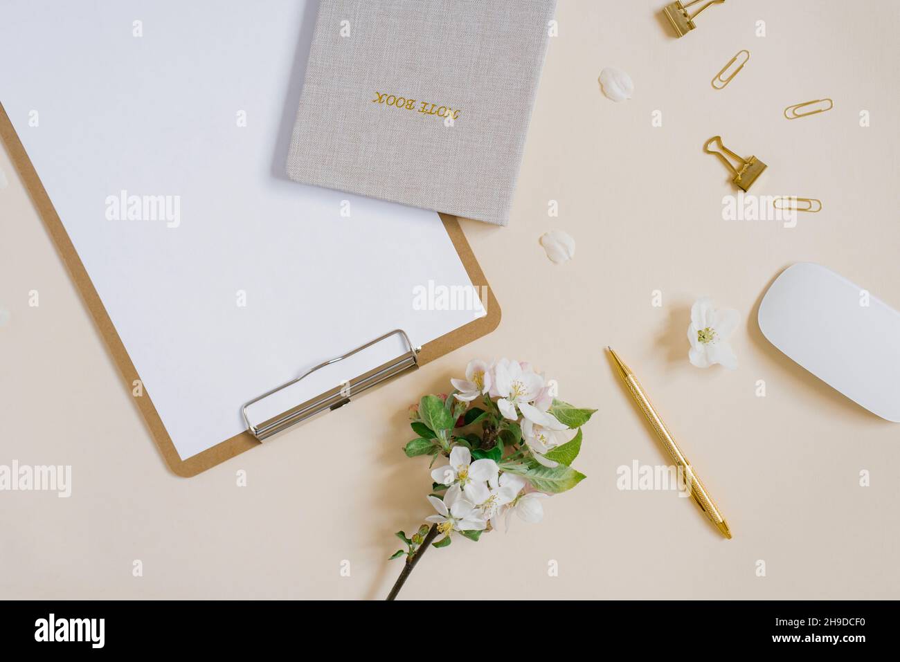 Scrivania elegante e femminile o blogger, scrivania da ufficio. Luogo di lavoro, fiori bianchi di un albero di mele, notebook, penna, clip di carta e un tablet con un bianco vuoto Foto Stock