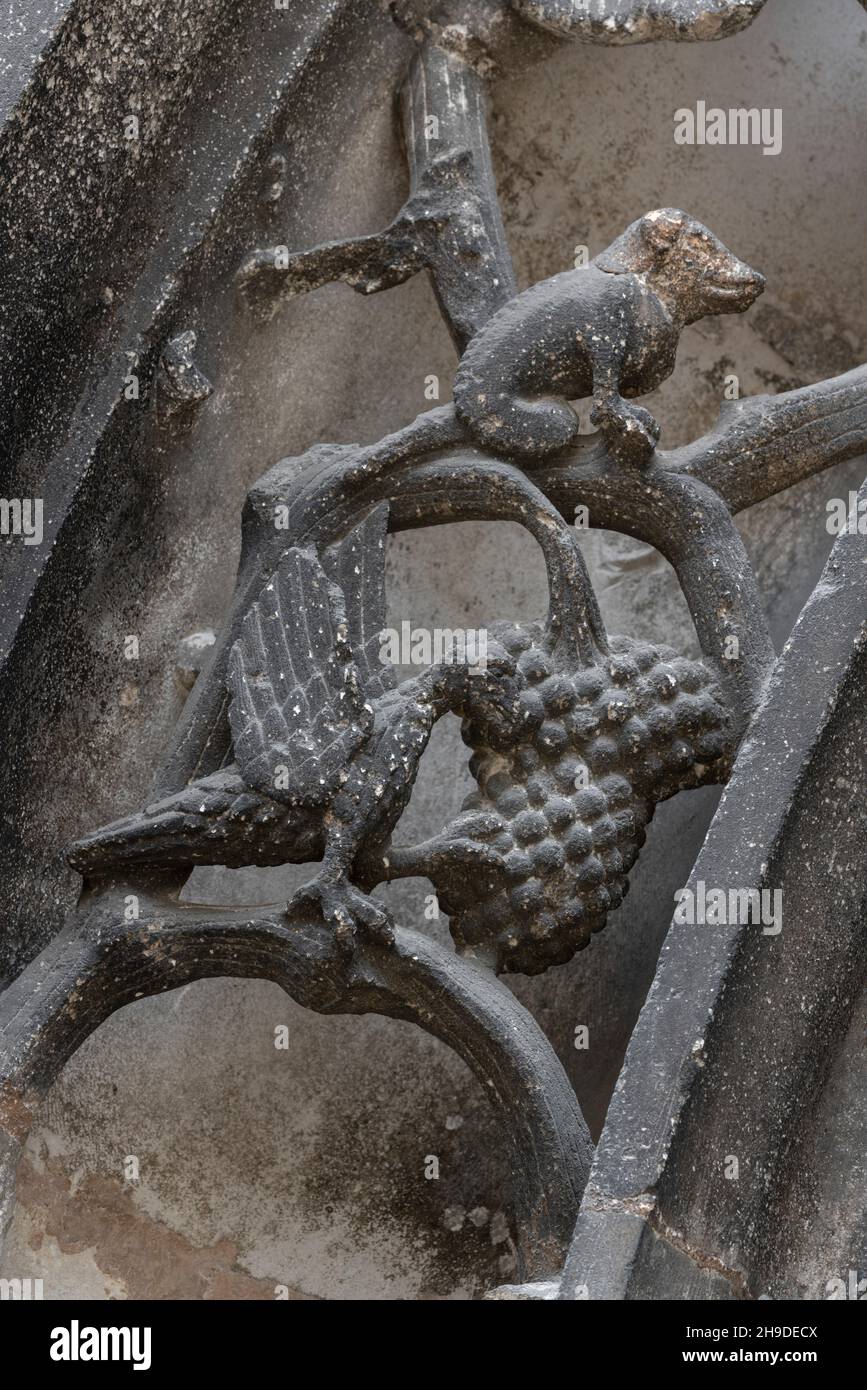 Chaumont, Basilika St-Jean-Baptiste, Portal am südlichen Querhaus, figürliche Archivolten, Weinreben und Fabelwesen Foto Stock