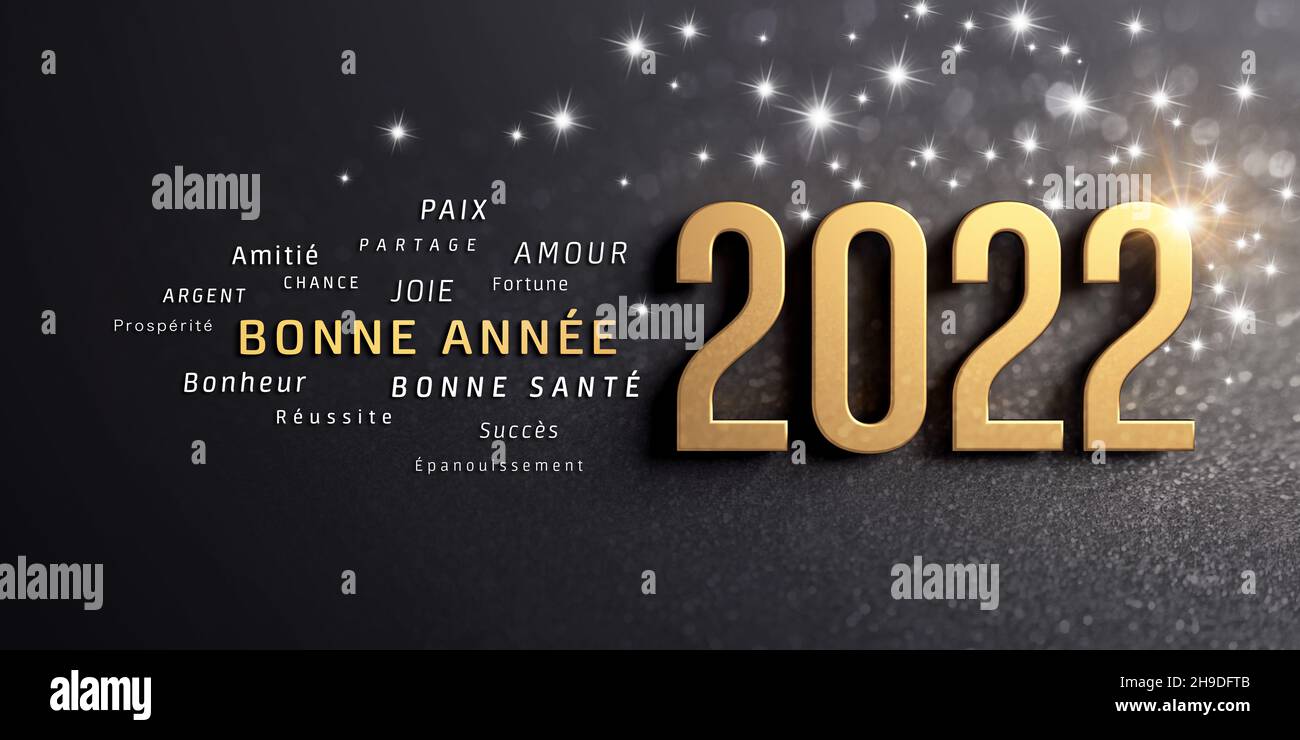 Felice anno nuovo saluti in lingua francese e numero di data 2022 colorato in oro, su una carta nera scintillante Foto Stock