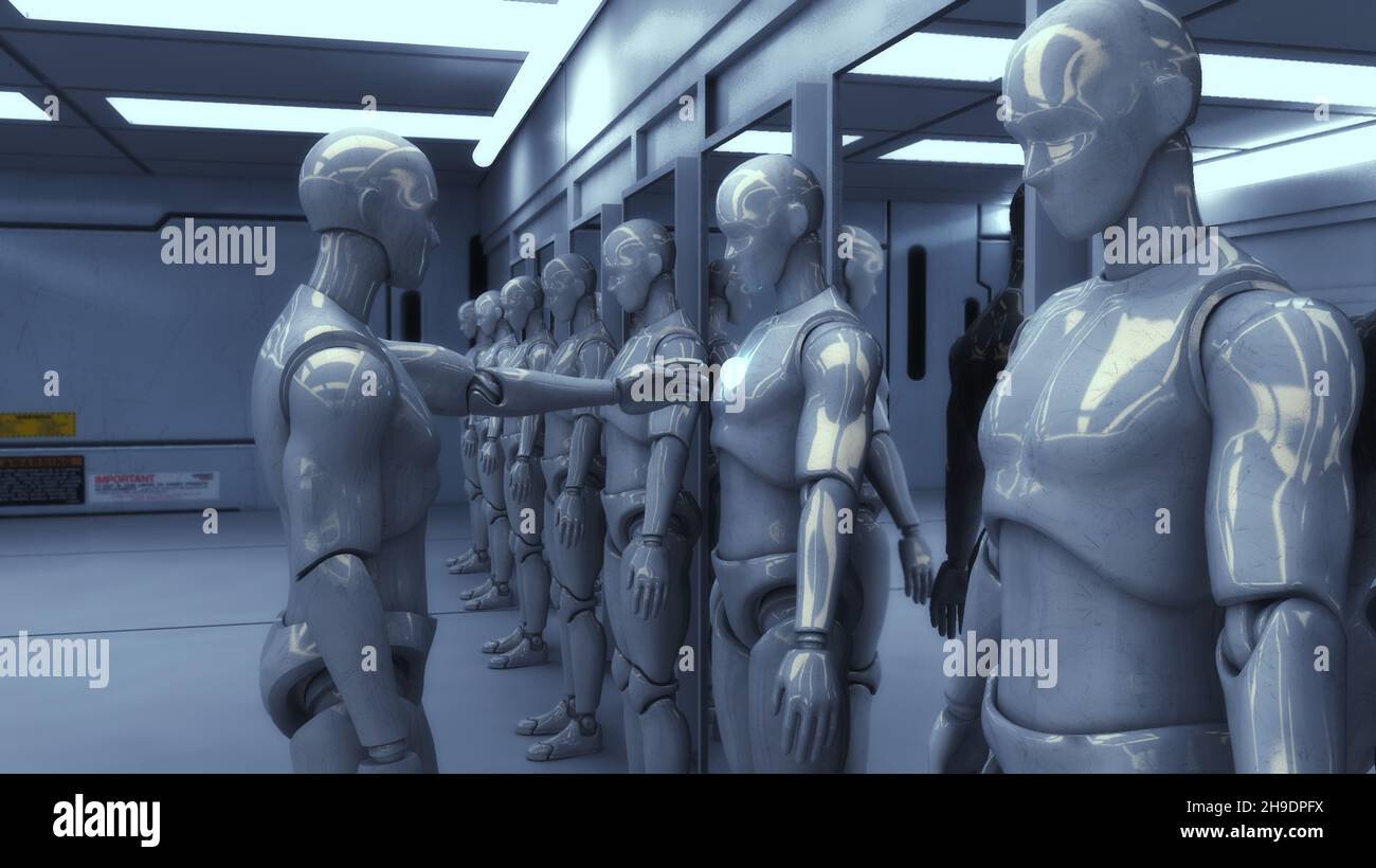 Rendering 3D. Figure umanoidi e scena sicifi Foto Stock