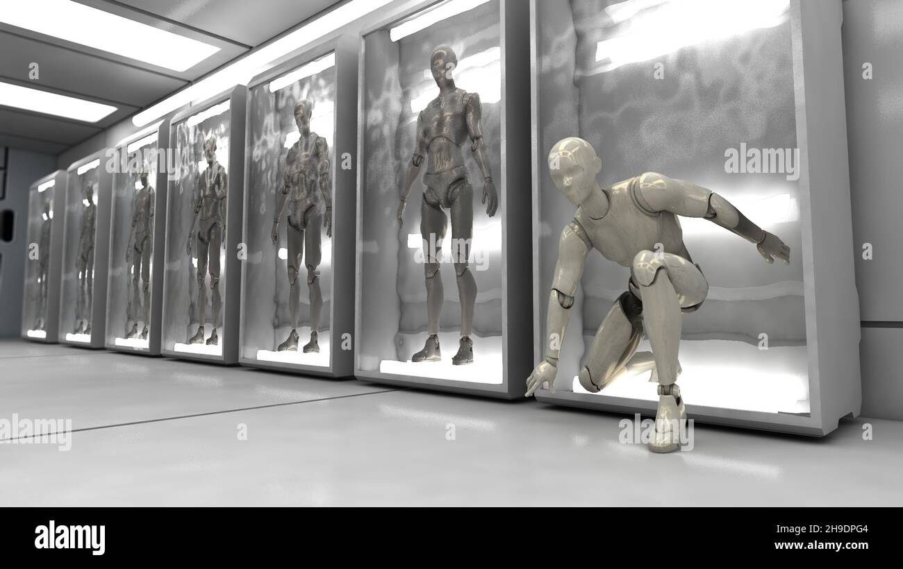 Rendering 3D. Figure umanoidi e scena sicifi Foto Stock