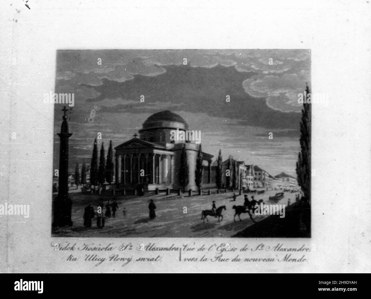 Warszawa, 1947-10. Rycina F. Dietricha. Widok Koœcio³a Œw. Aleksandra ku ulicy Nowy Œwiat. mb/gr PAP Dok³adny dzieñ wydarzenia nieustalony. Varsavia, 1947 ottobre. Un disegno di F. Dietrich. Vista della chiesa di San Alessandro in direzione di Nowy Swiat Street. mb/gr PAP Foto Stock