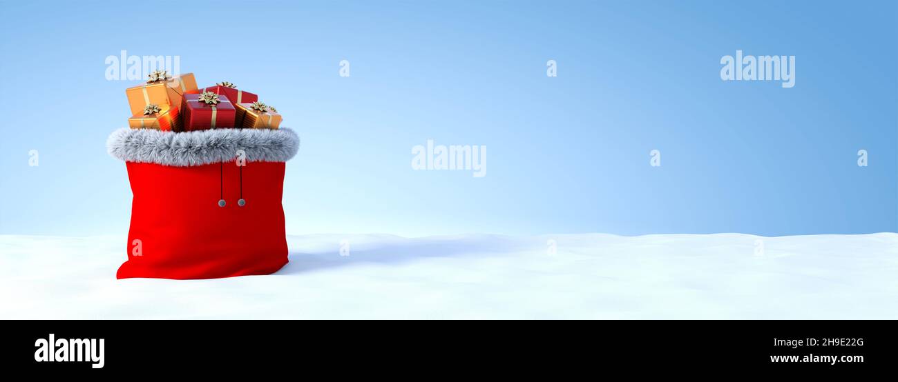 Banner a tema natalizio con cappuccio pieno di pacchetti regalo e neve caduta - rendering 3D Foto Stock