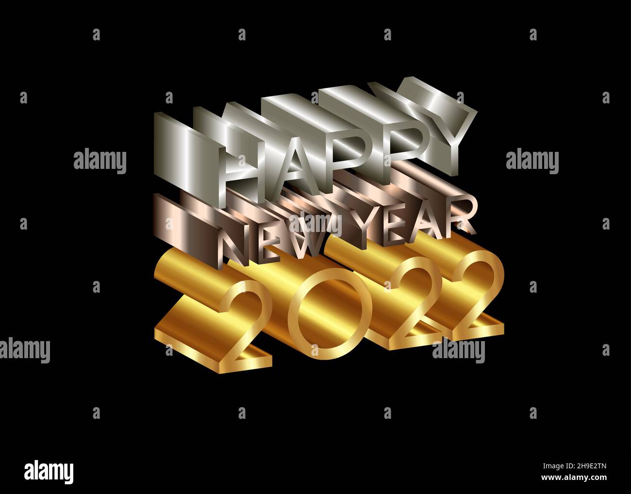 2022 Felice anno nuovo, numero e testo logo 3D, oro, bronzo, argento texture. Biglietto di auguri per le festività. Illustrazione vettoriale isolata su sfondo nero Illustrazione Vettoriale