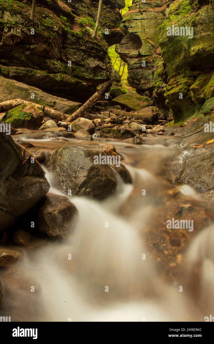 Low Angle Close Up of Stream at Parfey's Glen Foto Stock