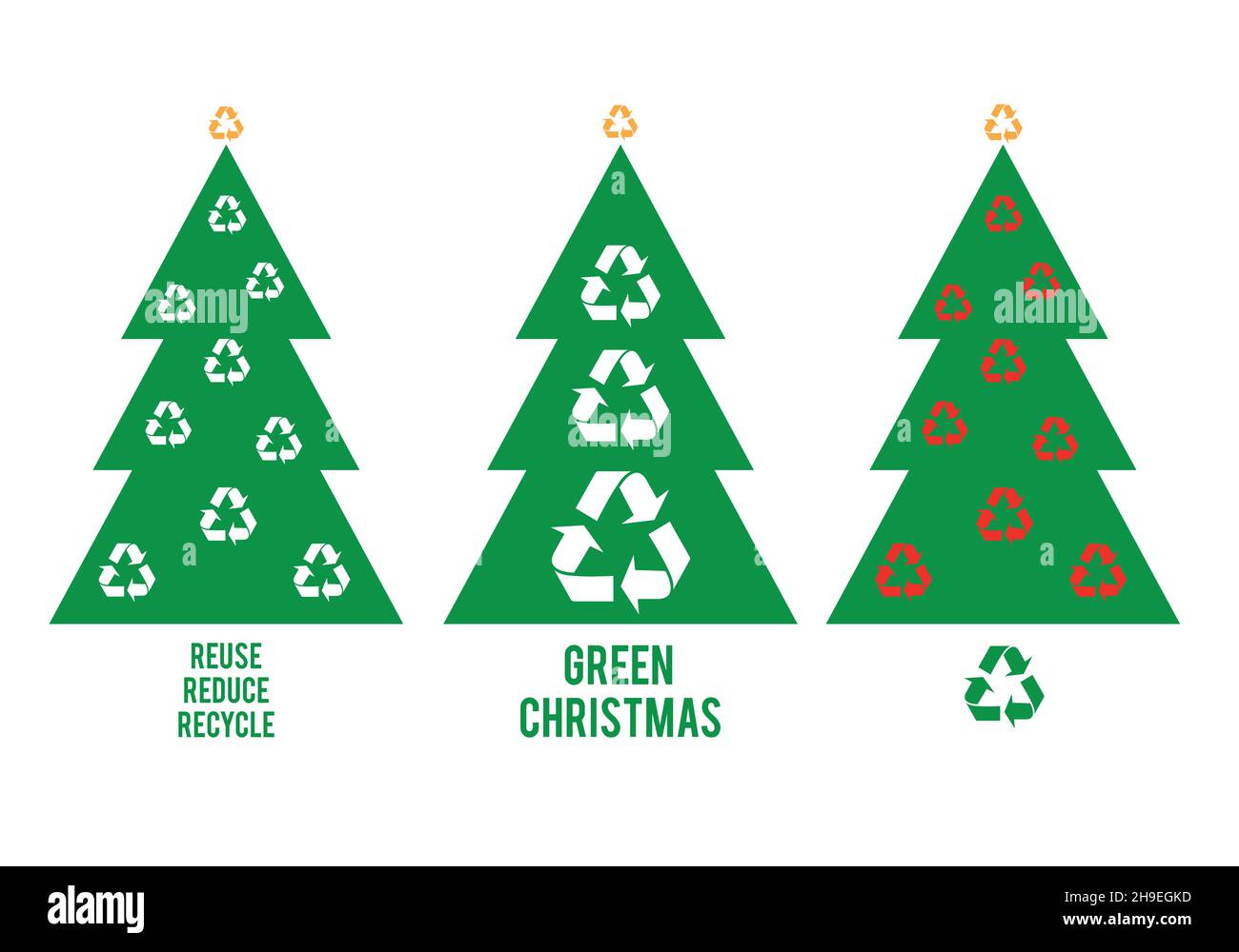 Alberi di Natale verdi con i segni di riciclaggio per le schede, insieme degli elementi grafici vettoriali di disegno Illustrazione Vettoriale