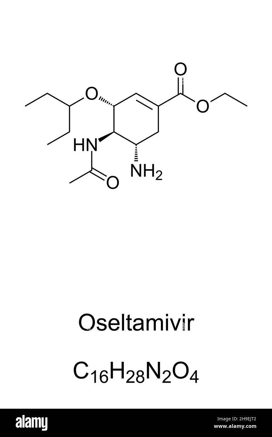 Oseltamivir, formula chimica e struttura. Anche chiamato Tamiflu, un farmaco antivirale per trattare e prevenire l'influenza A e B. Foto Stock