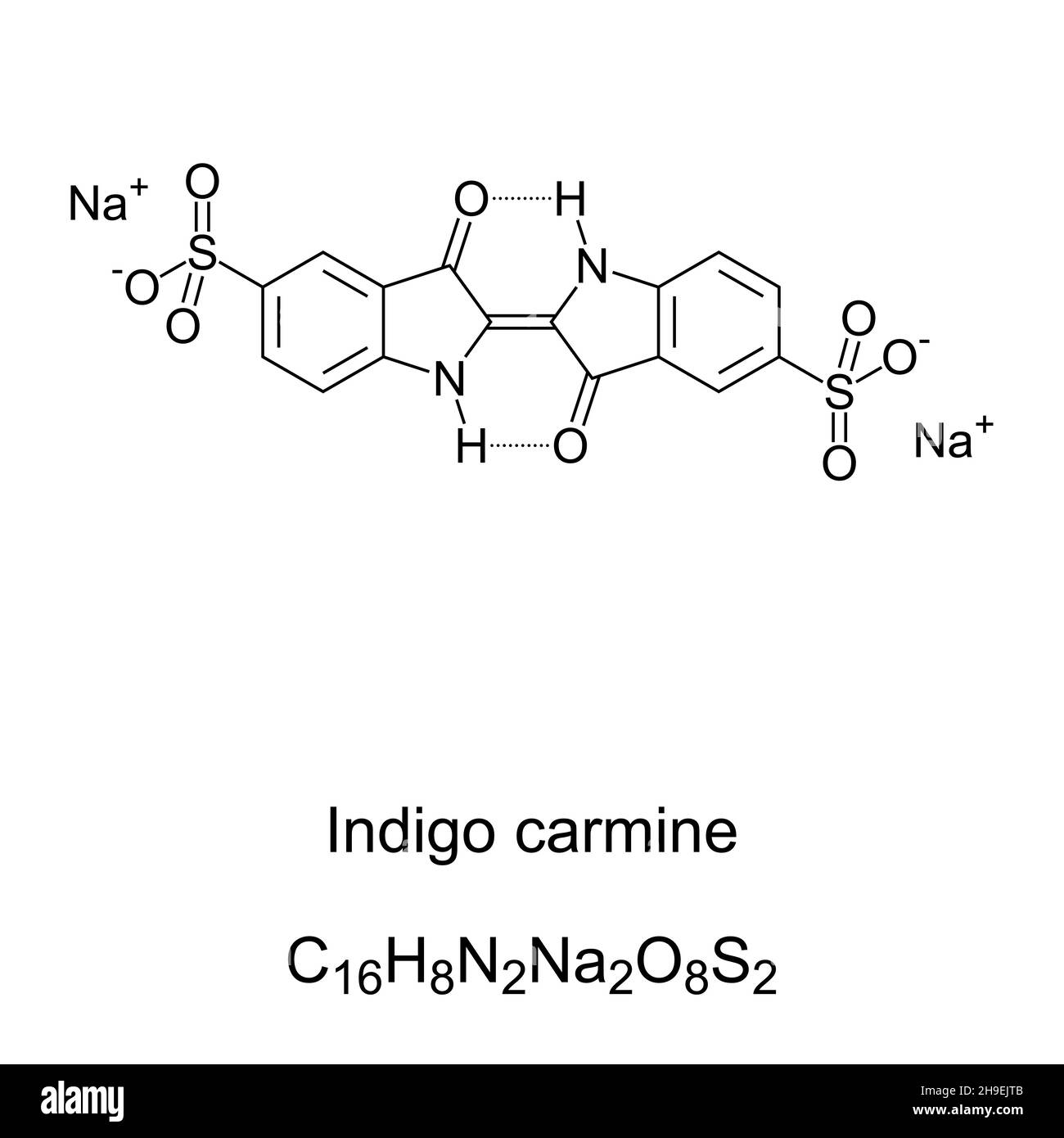 Indigo carminio, formula chimica e struttura. Sale organico derivato dall'indaco per solfonazione aromatica, che rende il composto solubile in acqua. Foto Stock