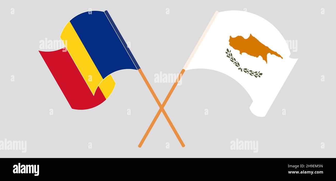 Bandiere incrociate e sventolanti di Cipro e della Romania. Illustrazione vettoriale Illustrazione Vettoriale