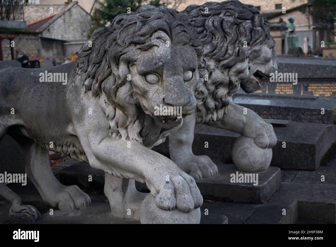 Statue del Leone sulla tomba del Principe d'Achery Acheryoticos, Duc de San Donnino, Montparnasse Cimitero Parigi Francia Foto Stock