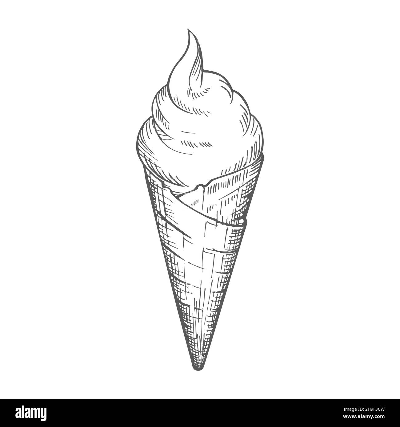 Gelato con cono waffle. Illustrazione vettoriale schizzo di disegno a mano swirl gelato in cono cialda isolato su sfondo bianco. Illustrazione Vettoriale