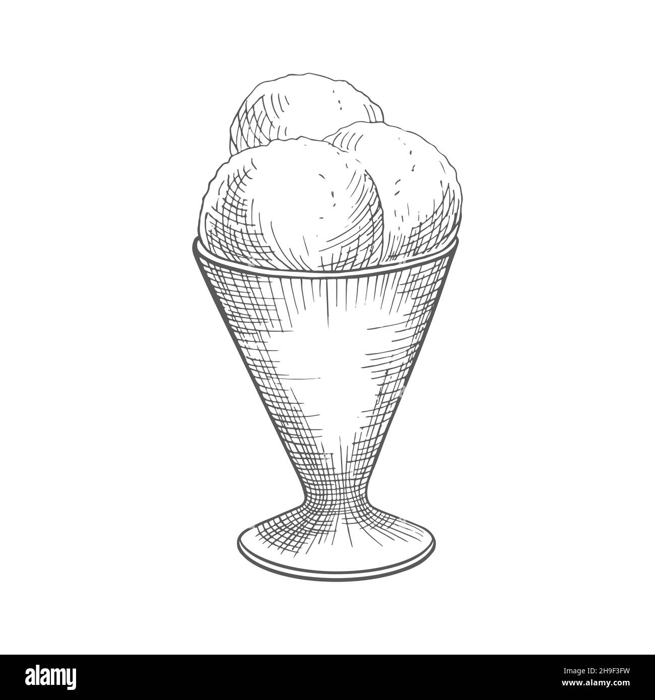 Palline di gelato morbide in una tazza di plastica. Illustrazione vettoriale schizzo di una palla morbida a mano gelato in una tazza di plastica isolato su sfondo bianco. Illustrazione Vettoriale