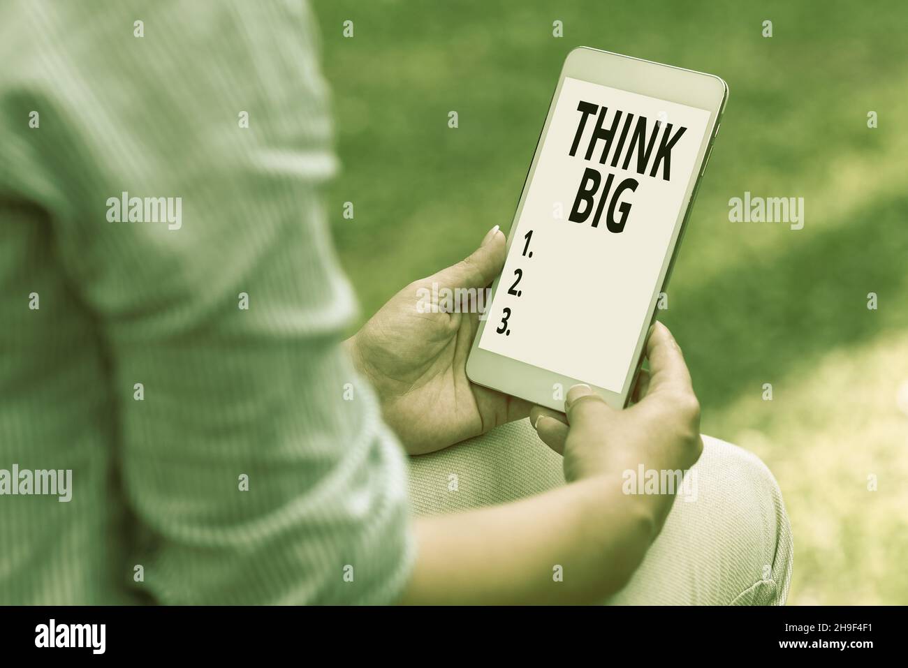 Testo che mostra ispirazione Think Big. Concetto di business per pianificare qualcosa di valore elevato per sé o per la preparazione di lavori online e di lavoro Foto Stock