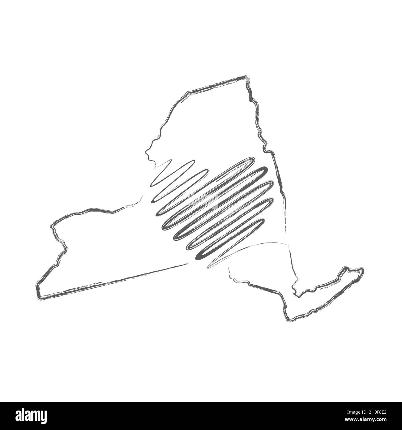 New York Stati Uniti Stati Uniti disegno a mano matita schizzo mappa di contorno con forma di cuore. Linea continua di segno di casa patriottica. Un amore per una piccola patria. Illustrazione Vettoriale
