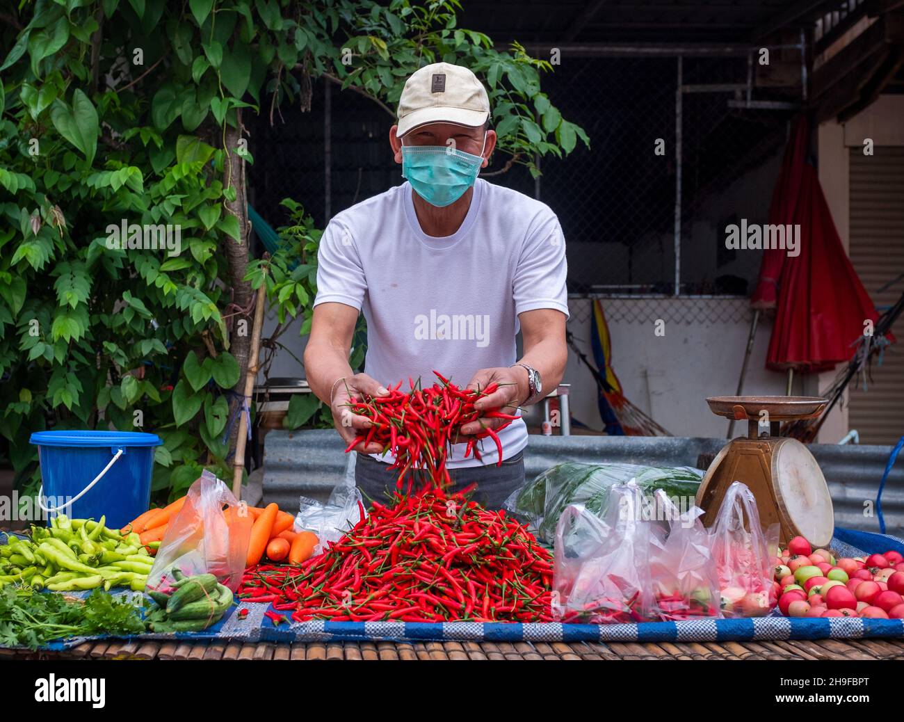 Uomo che vende peperoncini a Kalasin, distretto di Mueang Kalasin, Thailandia Foto Stock