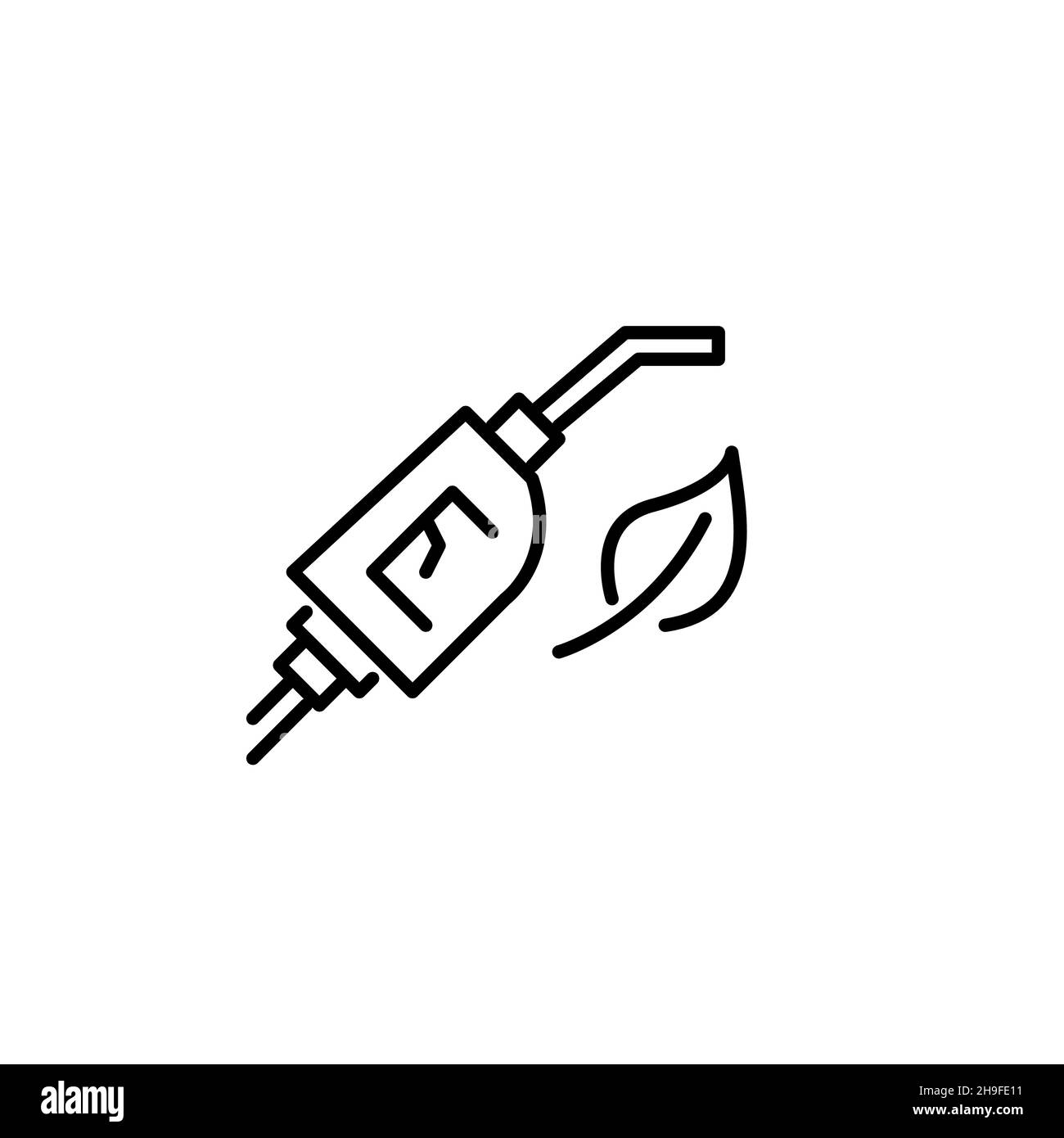 Carburante sostenibile per auto a energia verde. Ugello di rifornimento con una lamina verde. Icona tratto modificabile pixel Perfect Illustrazione Vettoriale