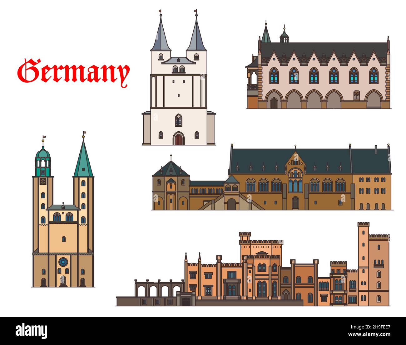 Germania architettura edifici di Potsdam e Goslar, viaggio vettore punti di riferimento. Babelsberg Schloss Palace a Potsdam, Marktkirche di San Cosma e Dami Illustrazione Vettoriale
