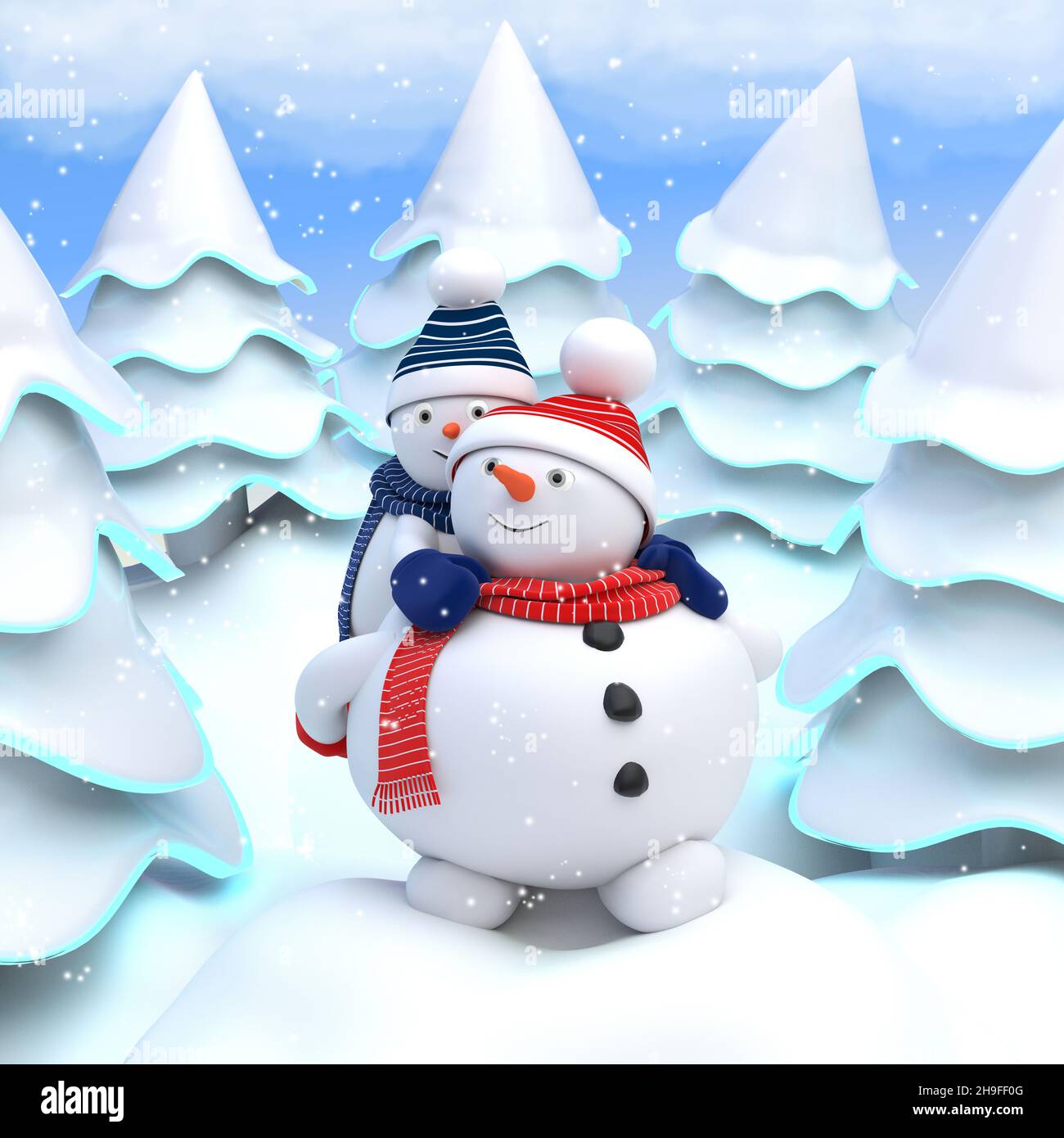 Inverno positivo bambini illustrazione di una famiglia di pupazzi di neve a piedi nella foresta. Il padre porta il bambino sulla schiena e sorride. Rendering 3D. Foto Stock