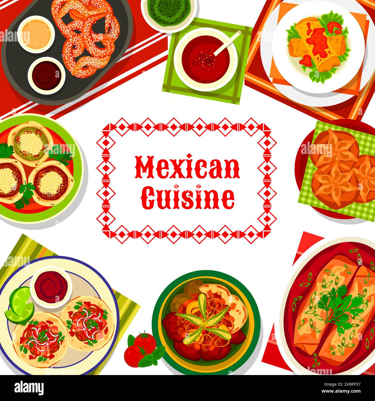 Cucina messicana, piatti messicani e menu pasti, burritos vettoriali e tacos. Cena tradizionale messicana e salse speziate per pollo Illustrazione Vettoriale
