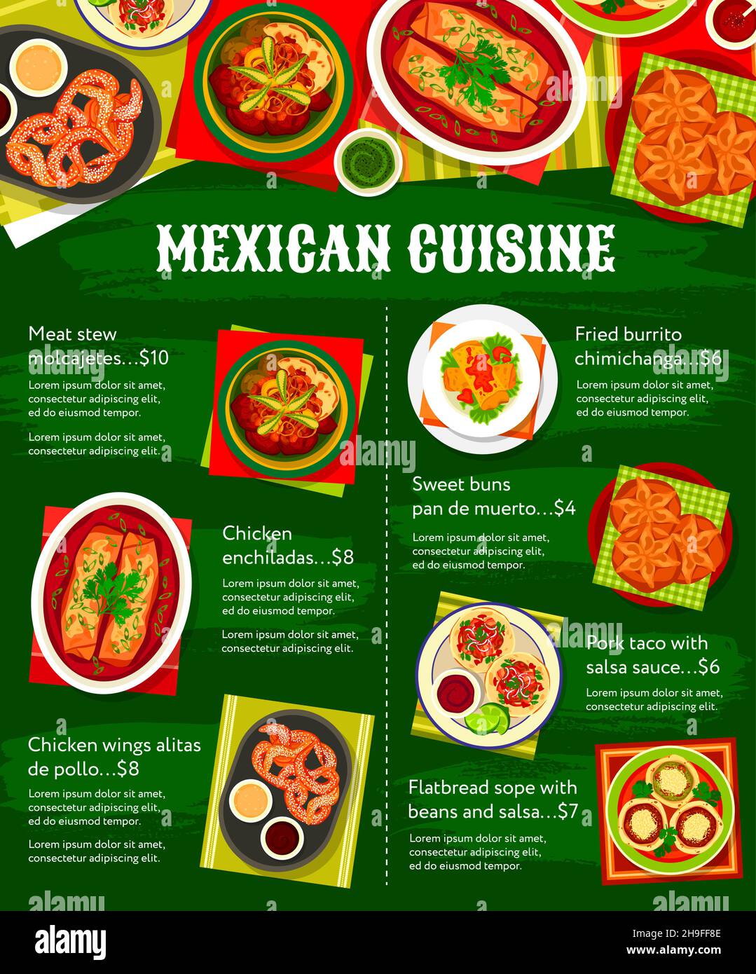 Cucina messicana, piatti di cucina e menu del ristorante, cena vettoriale e pranzo del ristorante messicano. Cucina messicana cibo tradizionale di carne, chicke Illustrazione Vettoriale