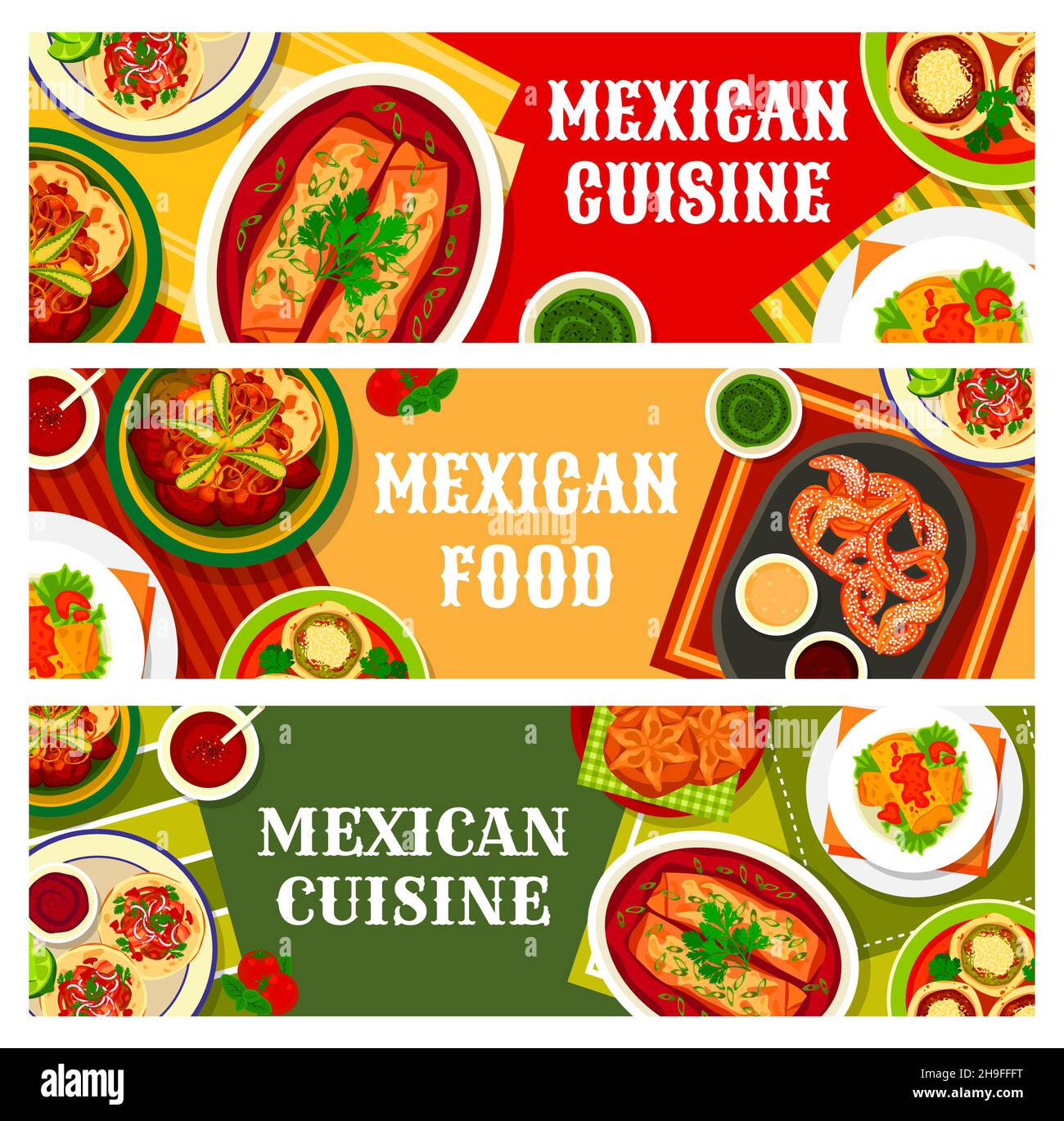 Striscioni di cibo messicano, piatti della cucina messicana, cena ristorante e pranzo, vettore. Tradizionale cucina messicana tacos e burritos con salsa Illustrazione Vettoriale