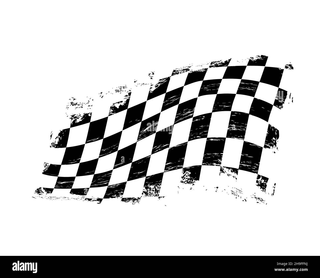 Grunge scacchi bandiera sportiva da corsa con graffi, vettore. Gara di auto o rally, motorsport, bandiera di arrivo e partenza con pedine bianche e nere. Motocro Illustrazione Vettoriale