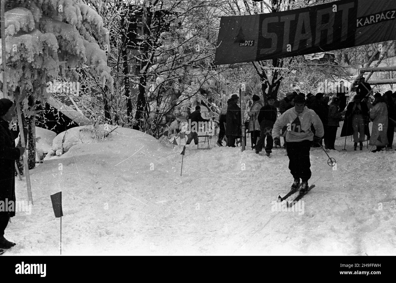 Karpacz, 1948-02. W dniach 19-20 lutego odby³y siê XXIII Narciarskie Mistrzostwa Polski. NZ. Inizio biegu na 18 km. bk PAP Dok³adny dzieñ wydarzenia nieustalony. Karpacz, febbraio 1948. Il 23° Campionato di Sci Polacca si è tenuto il 19-20 febbraio. Nella foto: Inizio di una manifestazione di sci di fondo di 18 km. bk PAP Foto Stock