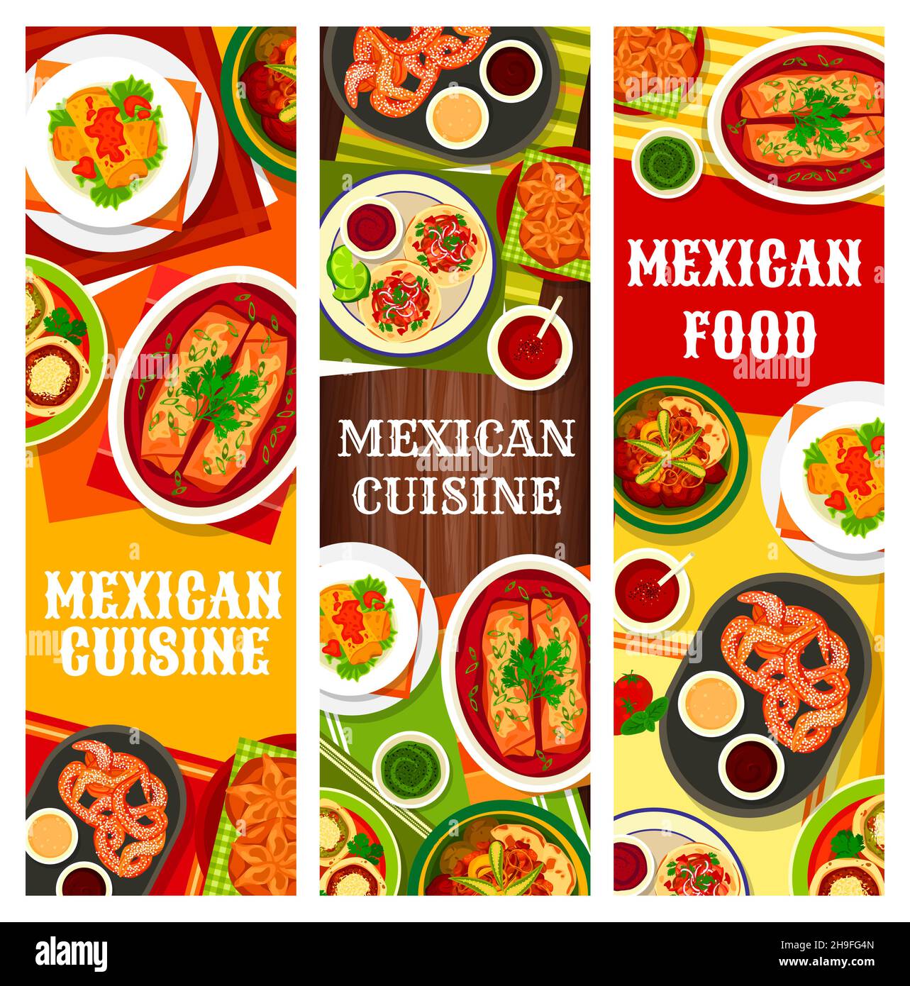 Striscioni di cibo di cucina messicana, menu di piatti messicani con cena tradizionale e pranzo. Cucina dell'America Latina, piatti nazionali messicani, tacos, b Illustrazione Vettoriale