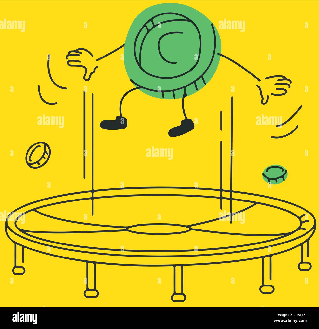 Moneta salta trampolino giallo icona concetto flat vettore illustrazione sfondo trasparente per applicazioni mobili e web design Illustrazione Vettoriale