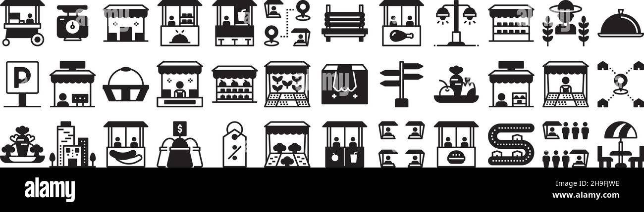 Street Market Icon Set solido glyph pack raccolta vettore trasparente sfondo per applicazioni mobili e web design Illustrazione Vettoriale