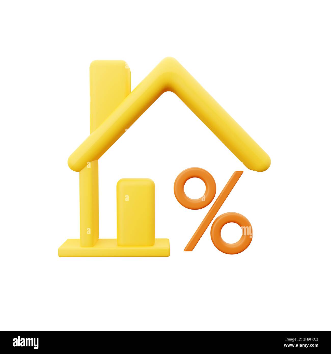 3d rendering Yellow House con icona di sconto percentuale tag isolato su sfondo bianco. Casa immobiliare. Simbolo della percentuale di credito. Concetto di minimalismo. 3d Foto Stock