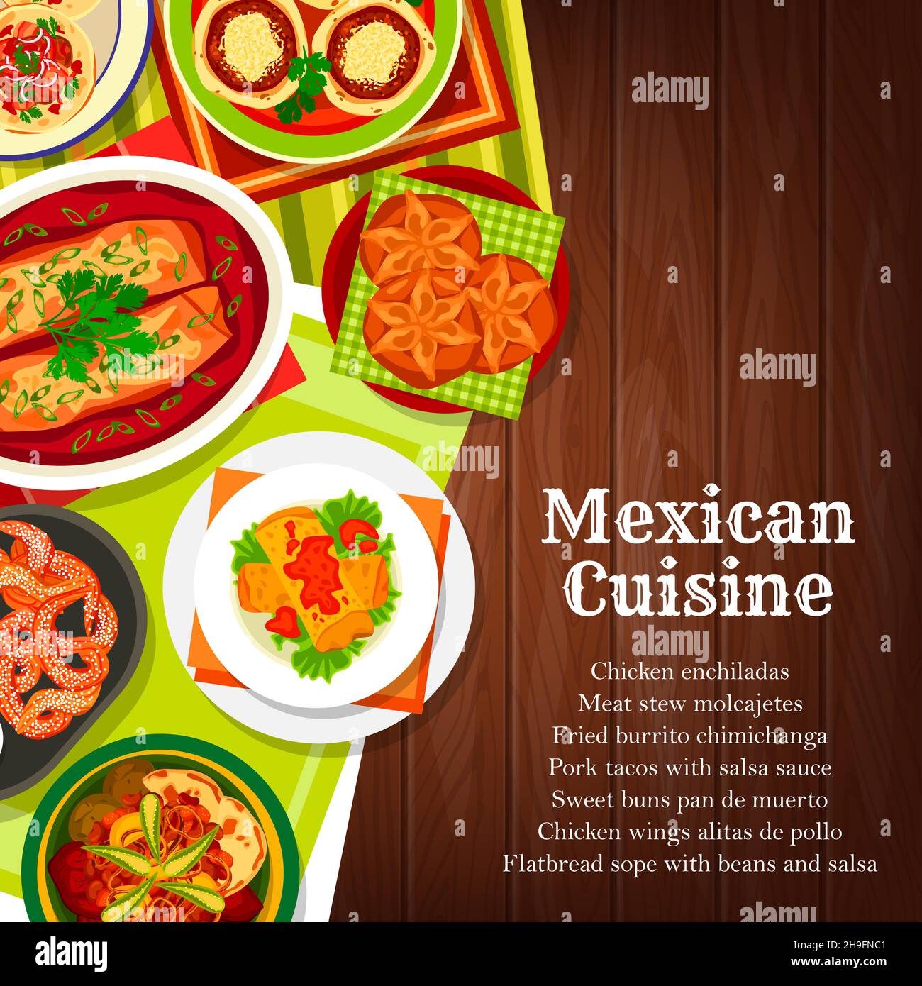 Cibo messicano, cucina del Messico, piatti a cena e salsa piccante, vettore. Cucina messicana cibo tacos e burritos pasti con stufato e salse, tradizione Illustrazione Vettoriale