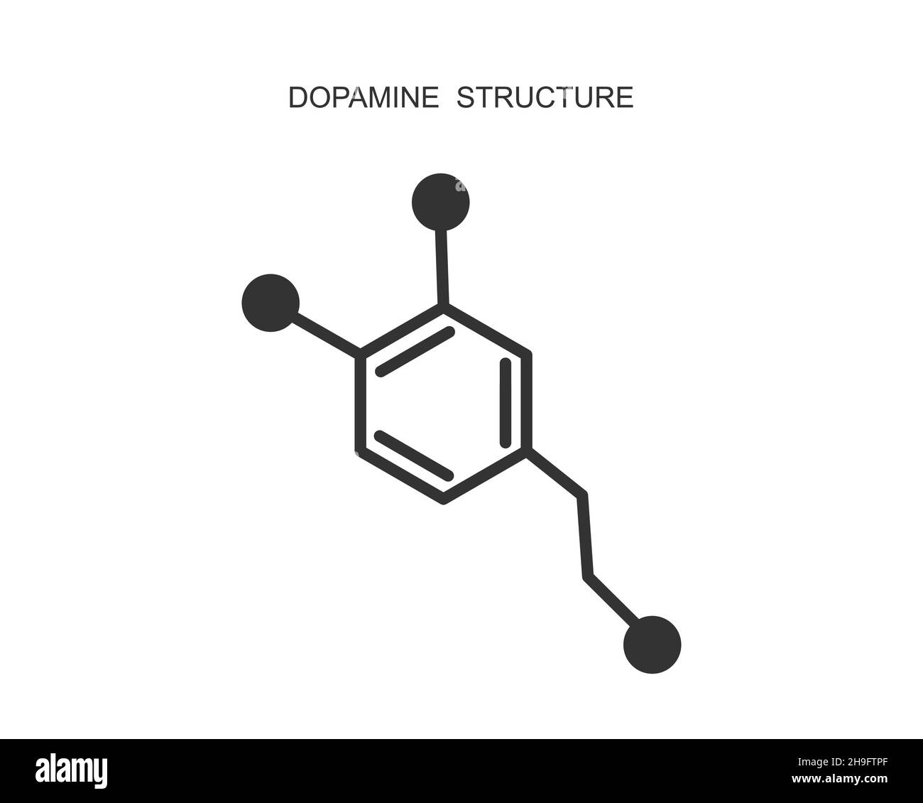 Icona dopamina. Struttura molecolare chimica. Felice o sentire buon ormone segno isolato su sfondo bianco. Illustrazione grafica vettoriale. Illustrazione Vettoriale