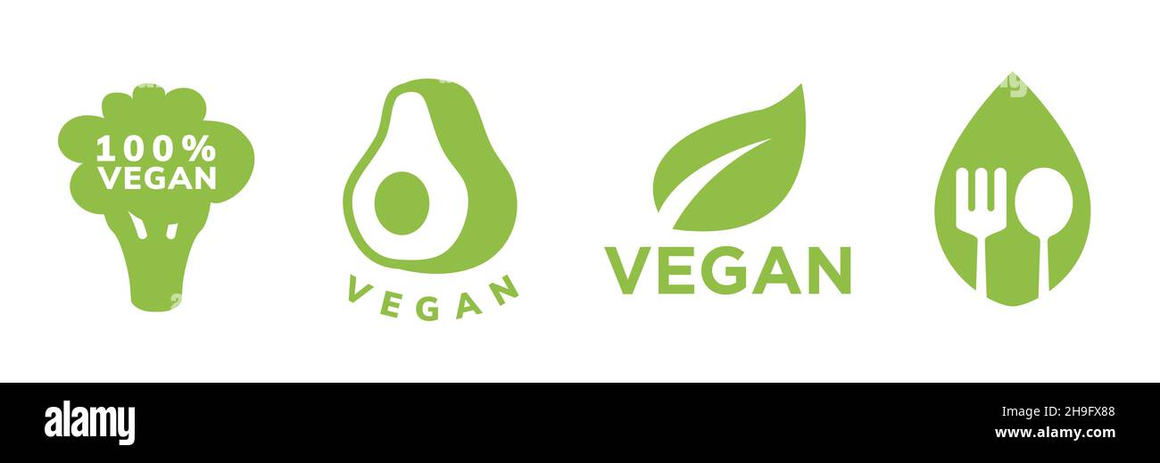 Vegan ispirato Verdi icone piatta isolati su giallo. 100 alimento naturale e sano Foto Stock