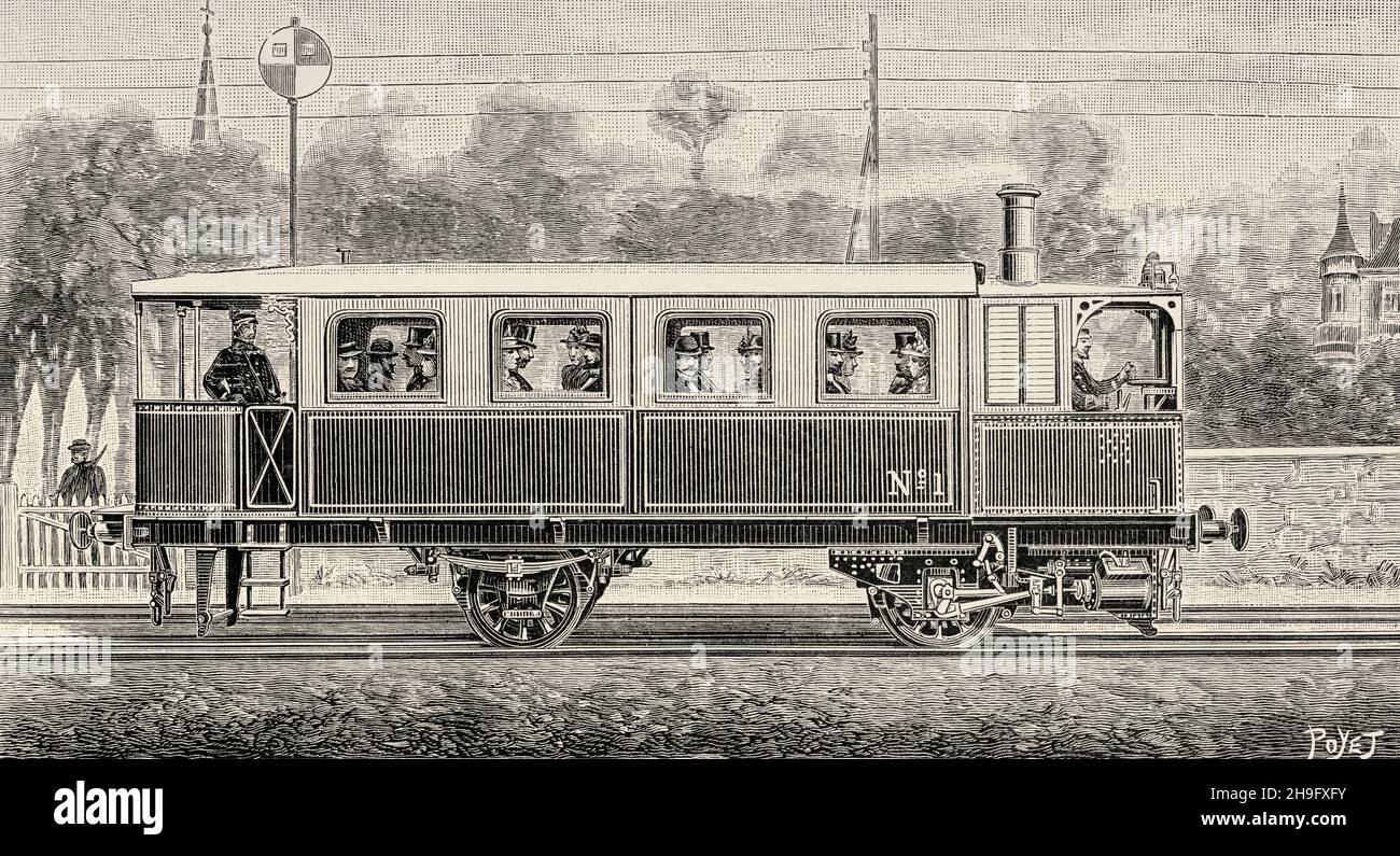 Auto ferroviaria, sistema Serpollet. Antica illustrazione del 19 ° secolo inciso da la Nature 1897 Foto Stock