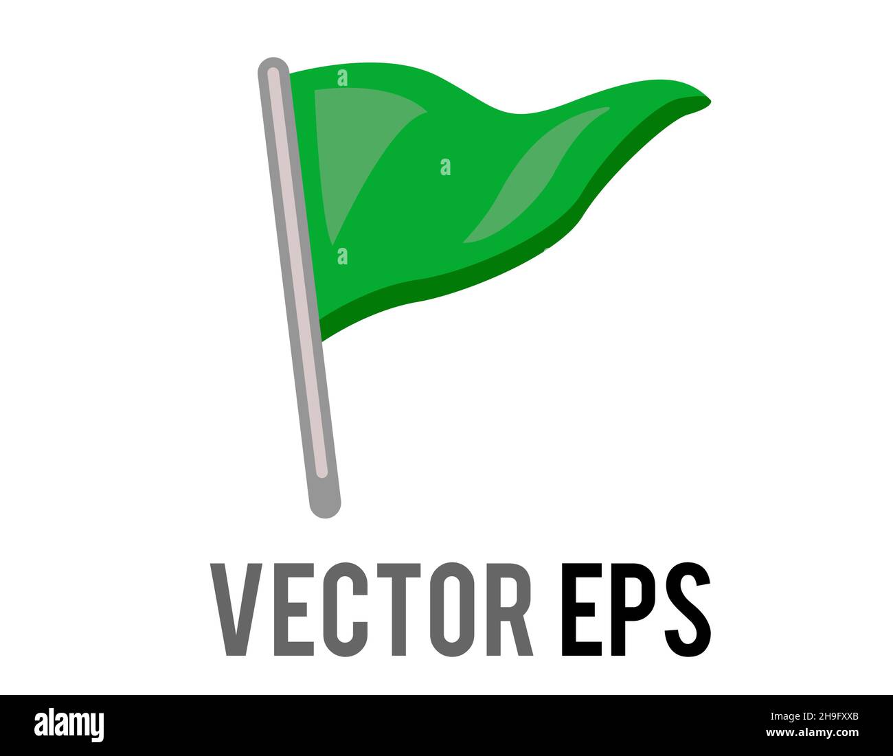 Icona a forma di bandiera verde a gradiente triangolare del vettore isolato con asta d'argento. Il più comunemente associato con il golf, come mostrato nella bandiera nel foro emoji. Illustrazione Vettoriale