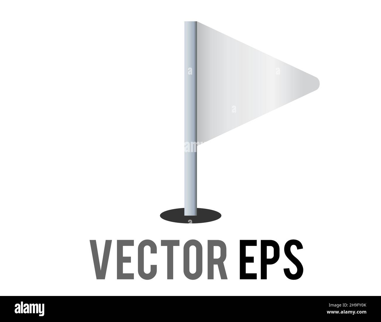 Icona a bandiera bianca a gradiente triangolare del vettore isolato con asta d'argento. Il più comunemente associato con il golf, come mostrato nella bandiera nel foro emoji. Illustrazione Vettoriale