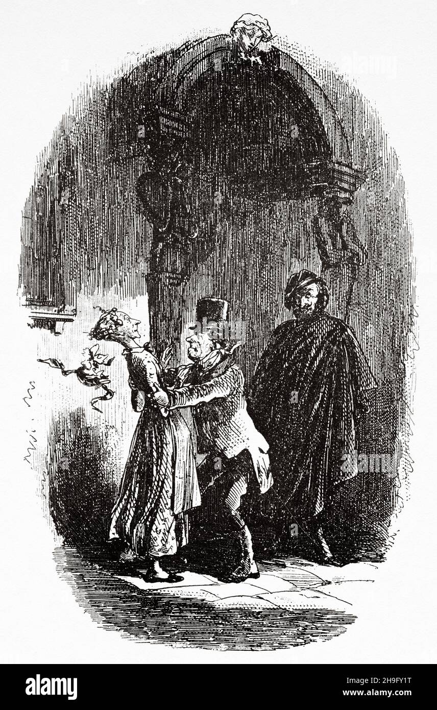 Il Sig. Flintwinch ha un lieve attacco di irritabilità. Illustrazione dal romanzo di Charles Dickens Little Dorrit di Hablot Knight Browne (1815-1882) artista inglese conosciuto come Phiz Foto Stock