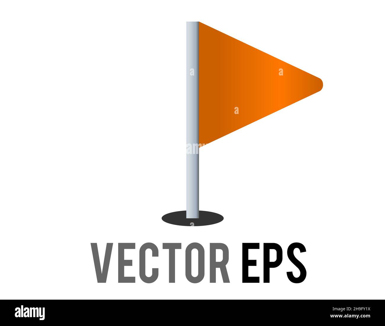 Icona a forma di bandiera arancione a gradiente triangolare isolata con polo d'argento. Il più comunemente associato con il golf, come mostrato nella bandiera nel foro emoji. Illustrazione Vettoriale
